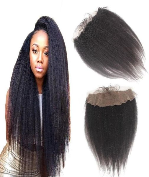 

100 human hair lace frontal natural black brazilian kinky straight hair 134 ear to ear frontal closure nonremy hair3685372, Black;brown