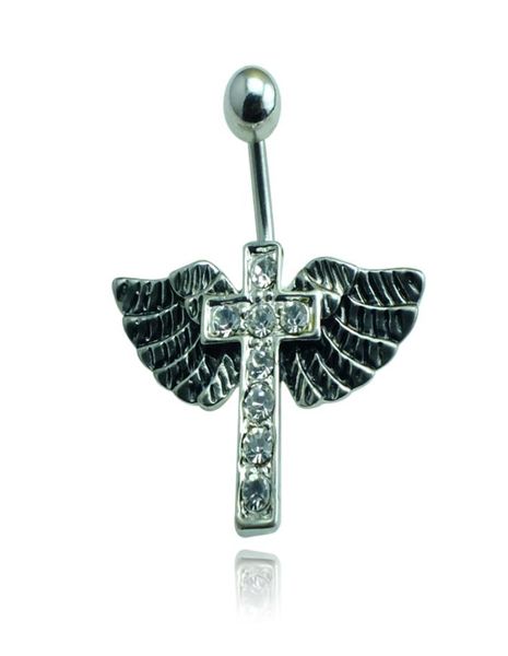 

fashion belly button rings surgical steel white rhinestone retro cross wing navel rings for women body piercing jewelry5143384, Silver