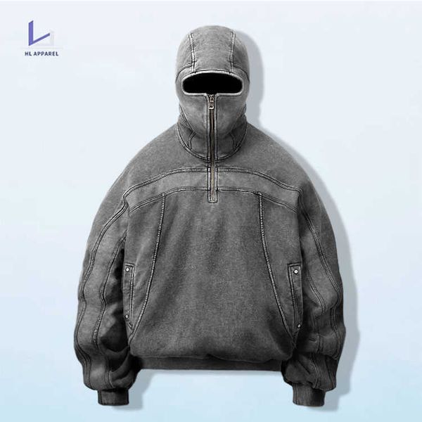 

hl manufacturer wholesale drop shoulder vintage blank hooded sweater custom men acid wash full face zip up hoodie with eye holes ha, Black