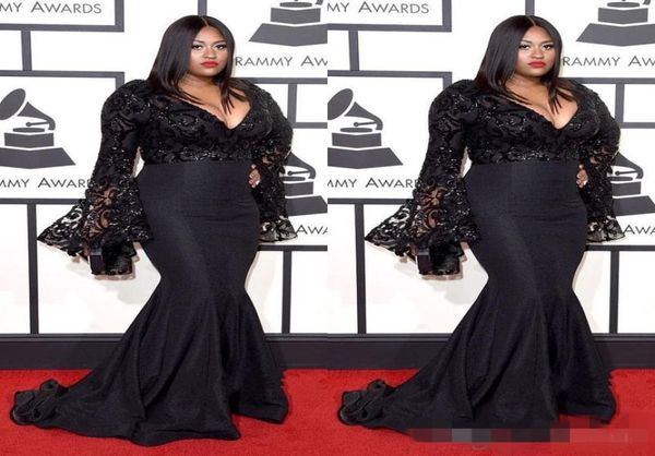

grammy awards plus size celebrity evening dresses long sleeves jazmine sullivan sequins prom gowns black lace mermaid evening gown2900866, Black;red