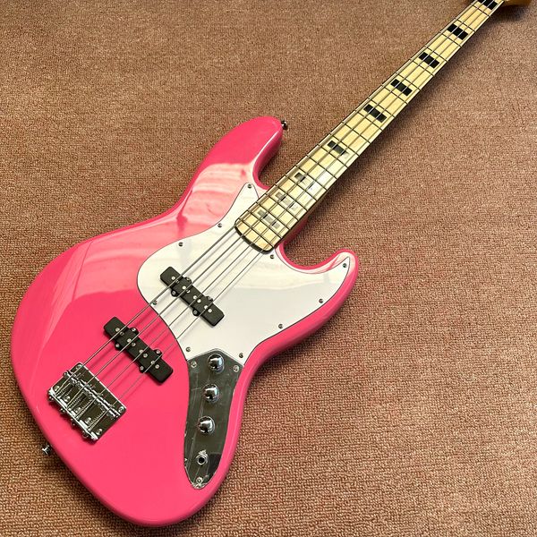 

custom shop, pink 4-string bass electric guitar, silver hardware, maple fingerboard, ing