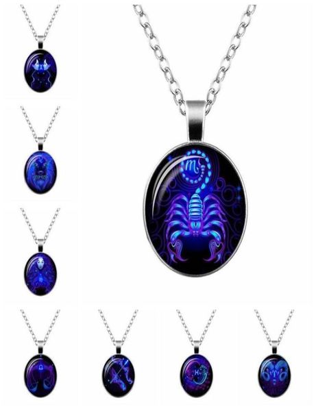 

12 zodiac sign pendant necklace glass cabochon double galaxy constellation horoscope astrology necklace for women men jewelry233s7747068, Silver
