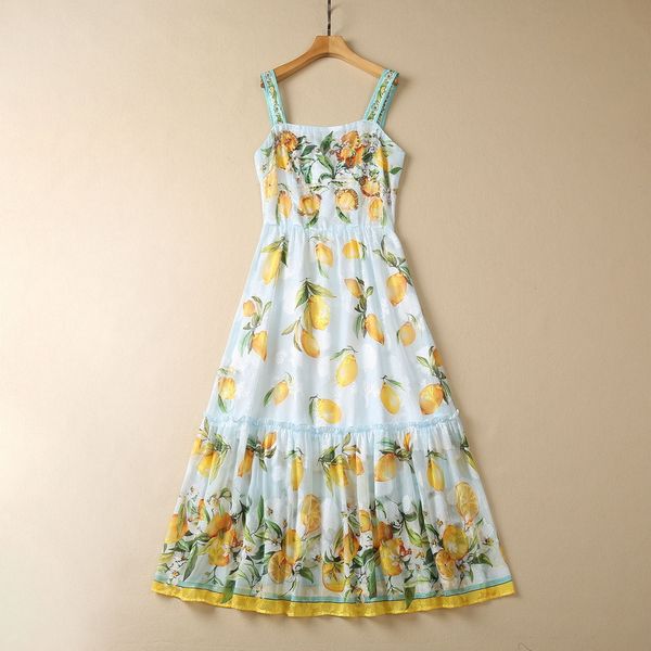 

european and american women's clothes 2023 summer new sling sleeveless heavy bead nailing fashion pleated dress in lemon print, Black;gray