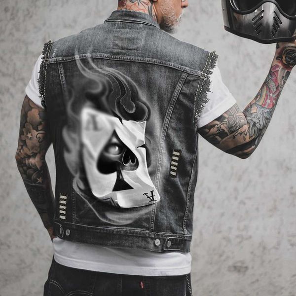 

fall wholesale sxl plus size men's jackets chic printed sleeveless jean jackets high street denim vest de, Black;brown