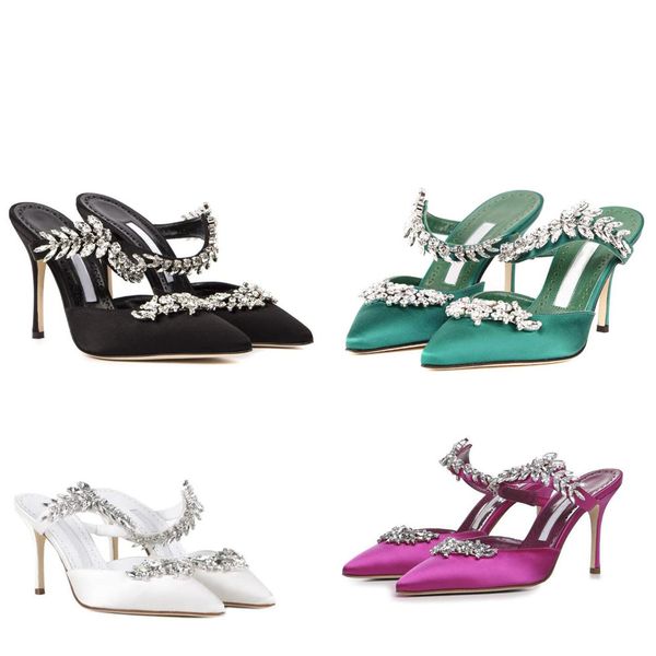 

fashion brand lurum sandals women's mule satin crystal decoration slim high heel slippers pointed summer modern elegant bride show char, Black