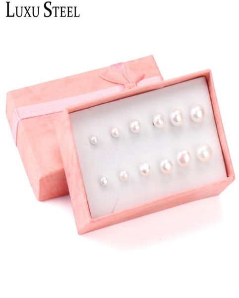 

luxusteel pinkwhite freshwater pearl stud earring sets stainless steel 6pairsboxes earrings for women pendientes mujer party8113520, Golden;silver