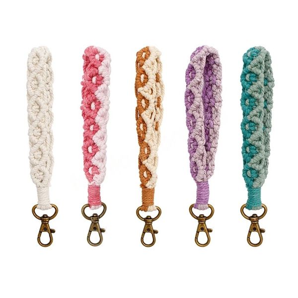 

boho colorful macrame wristlet keychains handmade braided car key pendant bracelet with lobster claw metal buckle key chain gift, Silver