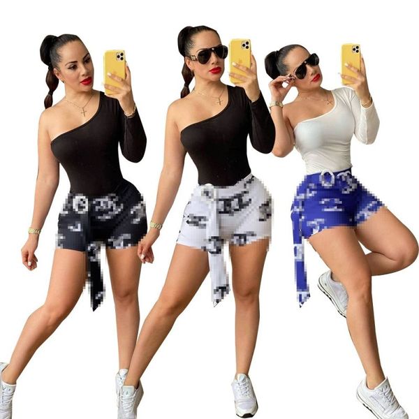 

fashion personality unique irregular one-shoulder print streamer temperament two-piece set, White