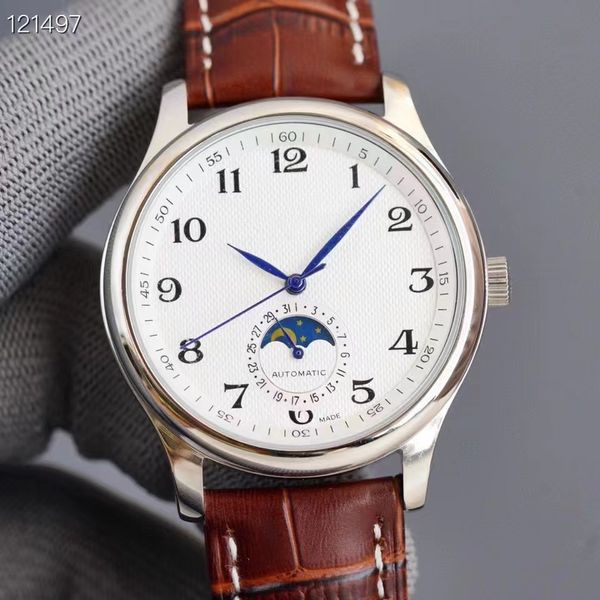 

classic style man watch mechanical automtic movement stainless watches fashion stainless steel wristwatch leather strap 563, Slivery;brown