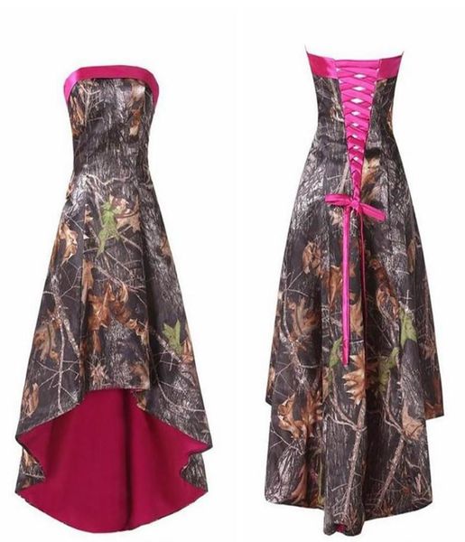 

new real pos strapless high low short camo bridesmaid dresses fuchsia custom bandage back honor of maid custom camouflage bride2517350, Black;pink