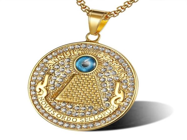 

hip hop bling stainless steel illuminati eye annuit cceptis novus ordo seclorum masonic pendant necklaces for men rapper jewelry8974047, Silver