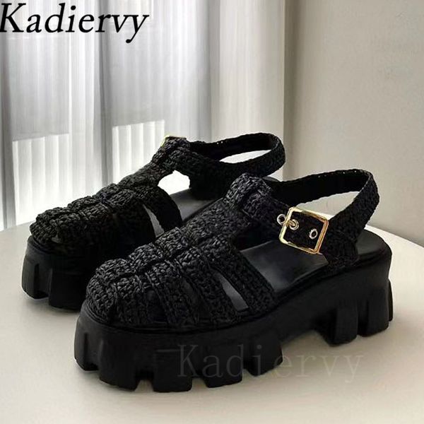 

platform sandals women round toe height increasing sandals woman braided hollow outs summer shoes thick sole sandalias mujer, Black