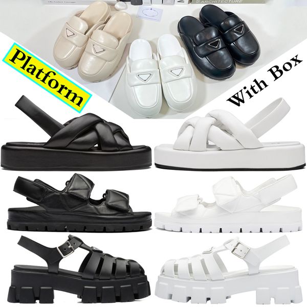 

with box wmoen designer sandals foam women fashion heels platform prad slides rubber runner sandal triangle metal womens slippers beach loaf, Black