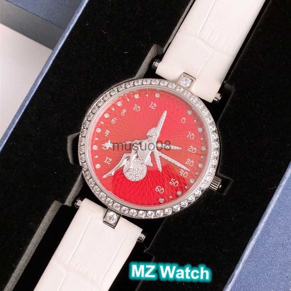

other watches fashion brand lady quartz watch dancing angel full diamond genuine leather wristwatch blue red enamel dial clock signature j23, Slivery;black
