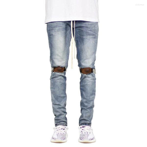 

men's ripped side ankle zipper skinny stretch fashion jeans, Blue