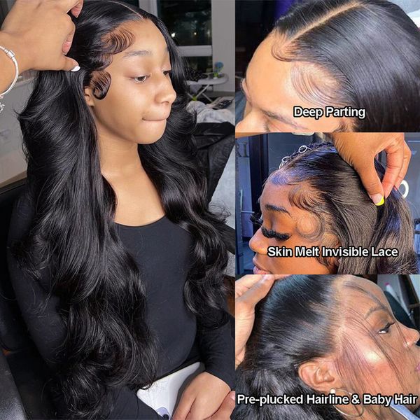 

30 40 inch body wave lace front wig full lace human hair wig for women pre plucked 13x4 13x6 hd 360 loose wave lace frontal wig, Black;brown