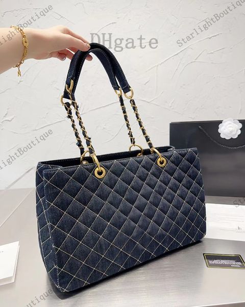 

new denim bag with rhombus chain design fashionable and versatile large capacity tote casual shopping bag women's commuter shoulder bag