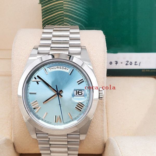 

new 228206 40mm ice blue roman platinum watch box papers watch movement 904l automatic mens bracelet waterproof men's watches, Slivery;brown