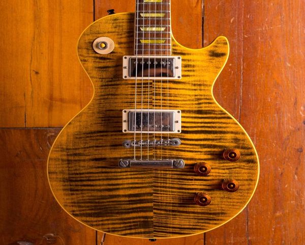 

rare joe perry boneyard 1959 black yellow electric guitar tiger flame maple vintage trapezoid mop inlay tuilp tuners bone237619307