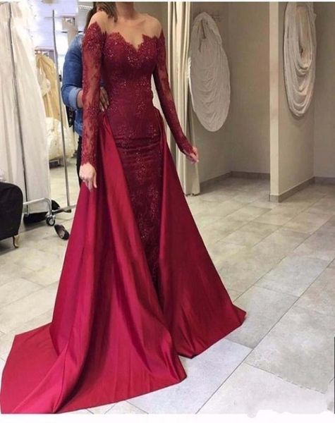 

2 pieces detachable train prom dresses burgundy lace sheer neck long sleeve removable skirt evening party gowns plus size customiz2454117, Black