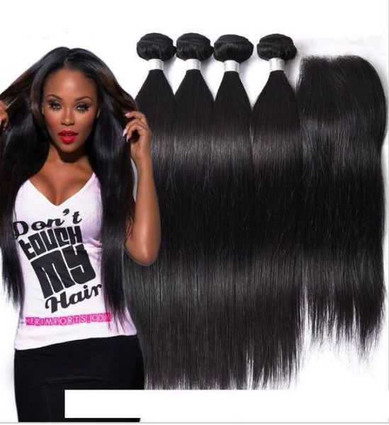 

brazilian straight human hair weaves extensions 4 bundles with closure middle 3 part double weft dyeable bleachable 100g pc5174635, Black