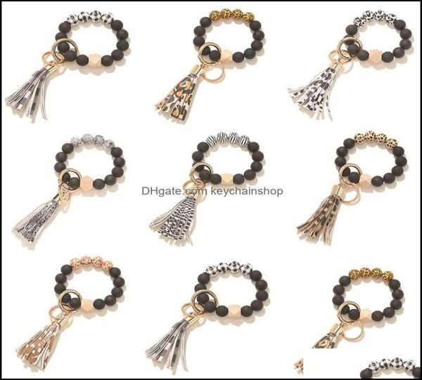 

keychains fashion accessories black frosted wooden bead bracelet keychain pattern tassel pendant bracelets women girl key ring wri9236758, Silver