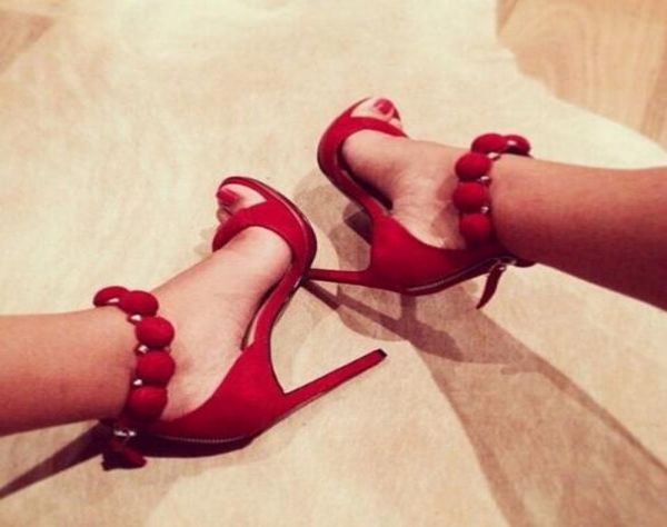 

fashion style tbar pom pom button straps studded suede sandals high heels womens sandals rihanna summer shoes woman4879568, Black