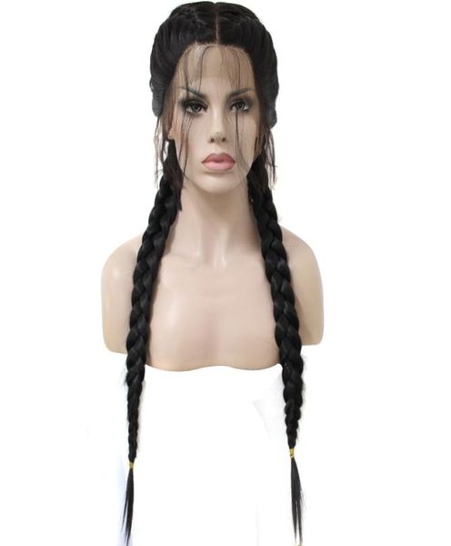 

high temperature fiber brazilian wigs middle part long straight black synthetic braided lace front wig with baby hair4836309