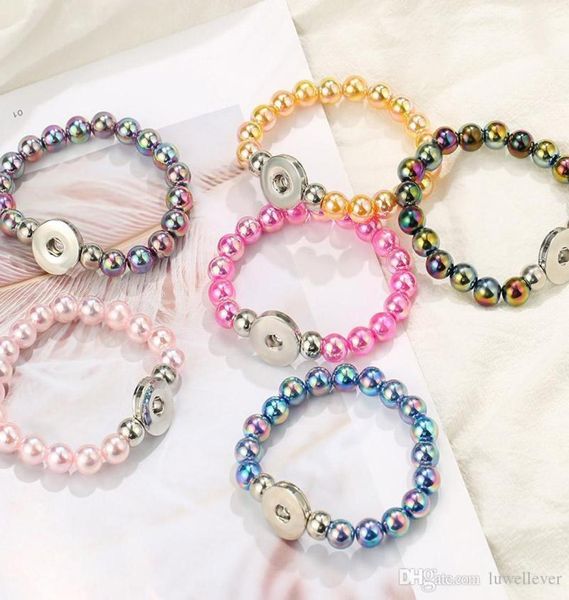 

061 interchangeable candy colors expandable beaded stretch stone bracelet 18mm snap button strand bangle for women gift6910082, Black