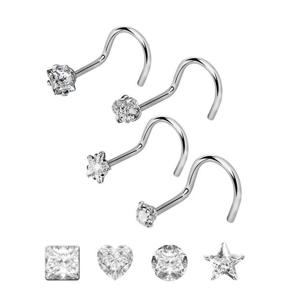 

4pcslot 4 shapes rhinestone nose ring 20g surgical steel ed nose studs screw ring body piercing crystal nostril jewelry9256128, Silver