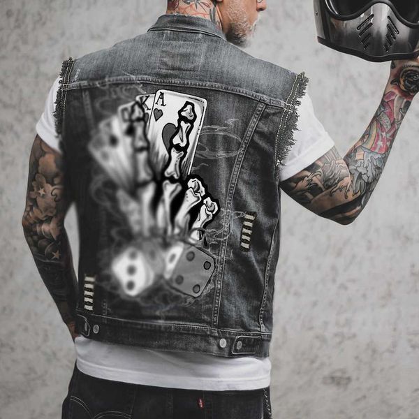 

fall wholesale sxl plus size men's jackets chic printed sleeveless jean jackets high street denim vest vul, Black;brown