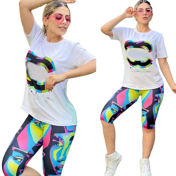 

2023 summer new unusual club vintage print short sleeve and five pants skinny women's 2-piece comfortable casual, White