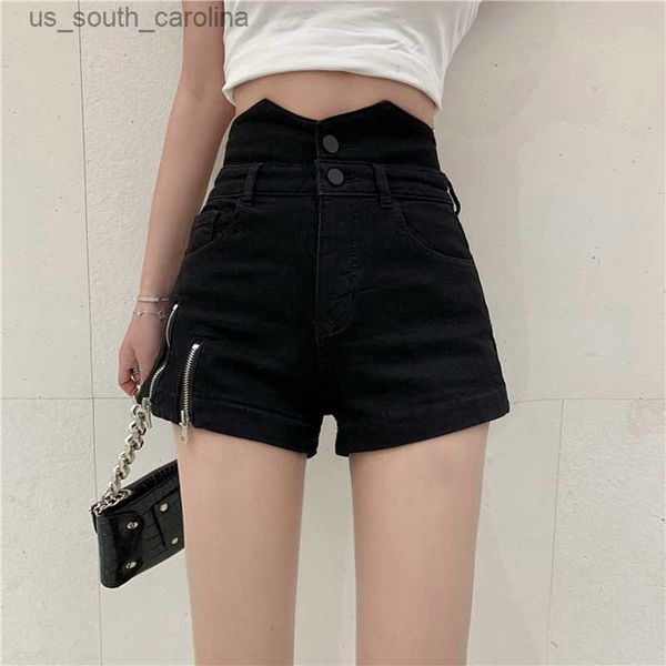 

s-5xl denim shorts womens 2023 summer korean fashion all match black zipper high waist short pants jeans female l230522, White;black