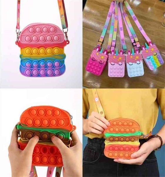 

kids hamburger unicorn cartoon fidget chain bag popet bubble toys purses backpack crossbody bags push pop puzzle board boys girls 4679658, White