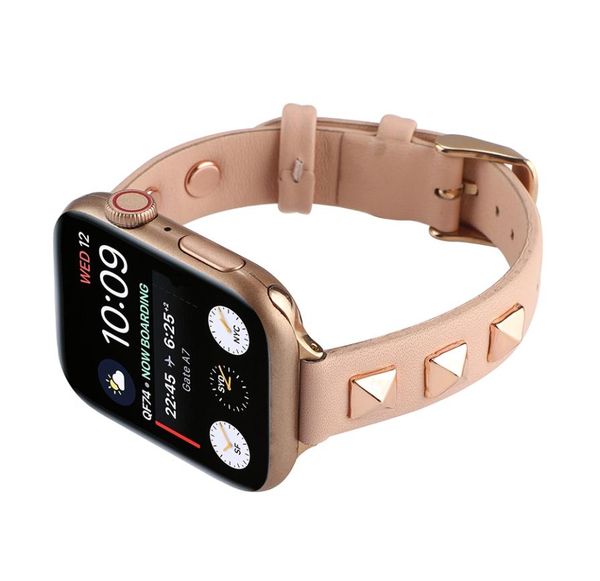 

rivet genuine leather watchband for apple watch 44mm 40mm 42mm 38mm band 5 4 3 women bracelet iwatch series 6 se 5 4 3 2 1 wristba2493819, Black;brown