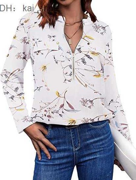 

long sleeved chiffon shirt v-neck office work zipper printed dress, White