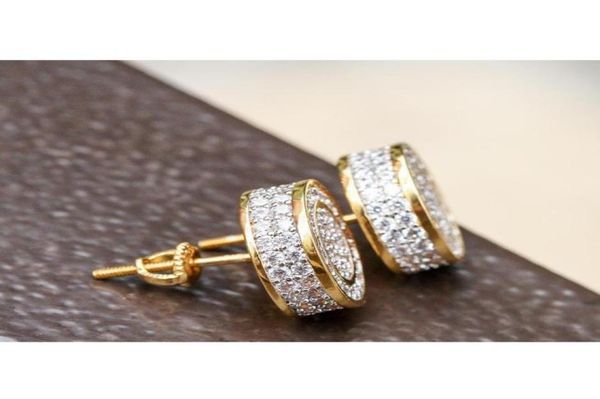 

12mm iced out bling cz round earring gold silver color plated stud earrings screw back fashi6200838, Golden;silver
