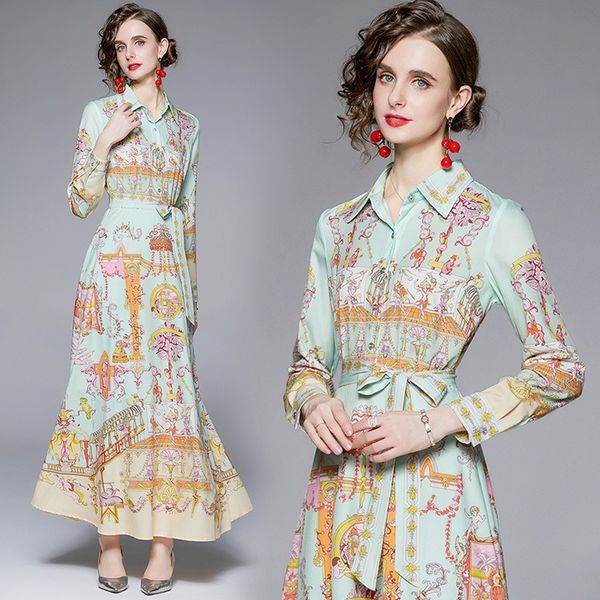 

basic & casual dresses: fall 2023 women's lapel neck long sleeve floral print dress with waist tie, mid-calf length, spring, as the pic, Black;gray