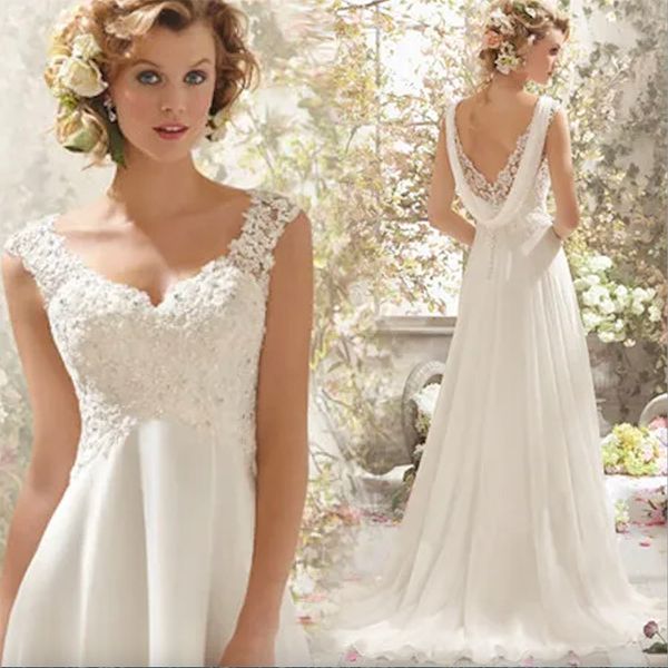 

aline wedding dresses lace boho wedding dresses 2023 sheer back beach bohemian chiffon bride dress wedding gowns plus size 6092, White