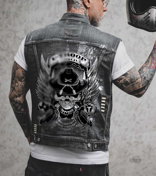 

wholesale fall sxl plus size men's jackets chic printed sleeveless jean jackets high street denim vest bve, Black;brown