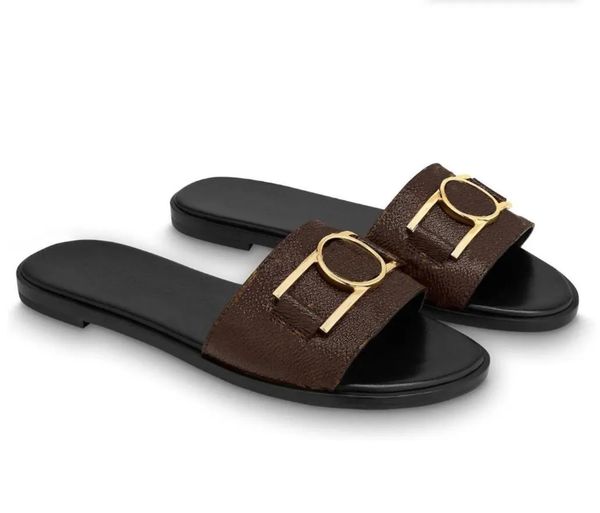

women designer slipper sandal slide shoes mule low lock it sandals brown black leather flats rubber sole outdoor walking summer sandals with