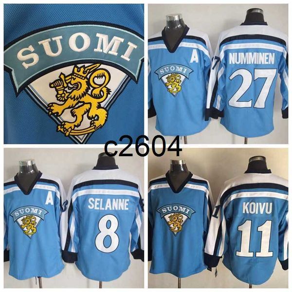 

c2604 mens vintage 11 saku koivu 1998 team finland hockey jerseys suomi 27 teppo numminen 8 teemu selanne light blue jersey m-xxxl, Black