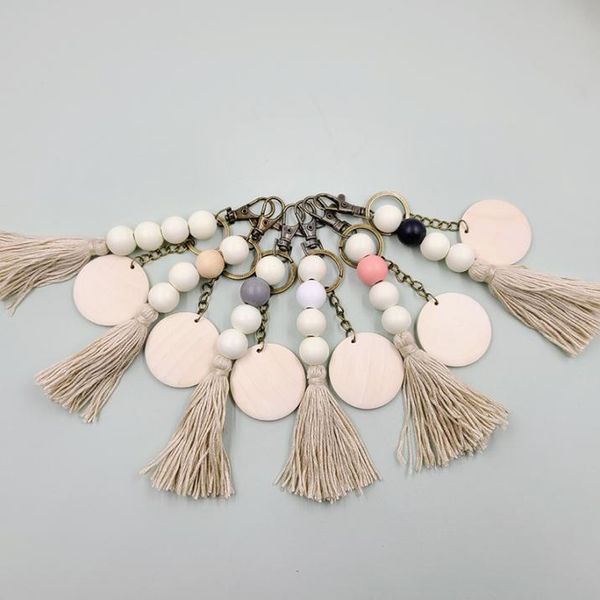

bohemia wooden beaded keychains pendant diy wood chip tassel keychain fashion accessories key chain keyring5786571, Silver
