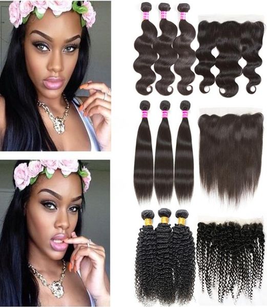 

brazilian hair bundles wet and wavy body wave straight remy human hair lace closure 3 bundles with kinky curly 13x4 weaves frontal1134693, Black;brown