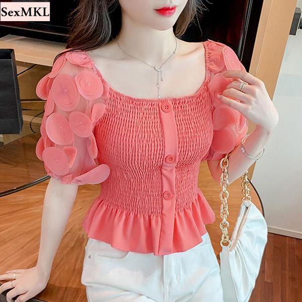 

t-shirt summer puff sleeve corset women 2022 fashion short sleeve casual white black blouses slim hollow out blusas mujer y2k