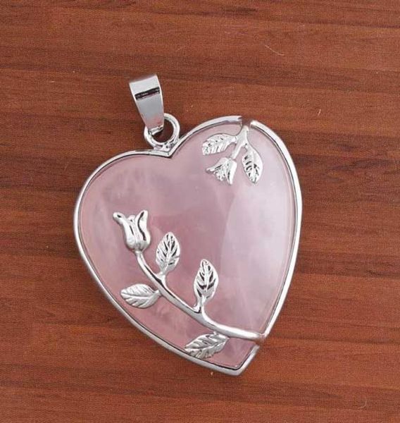 

whole 10pcs charm silver plated natural rose quartz stone heart shape chakra stone pendant jewelry4722055