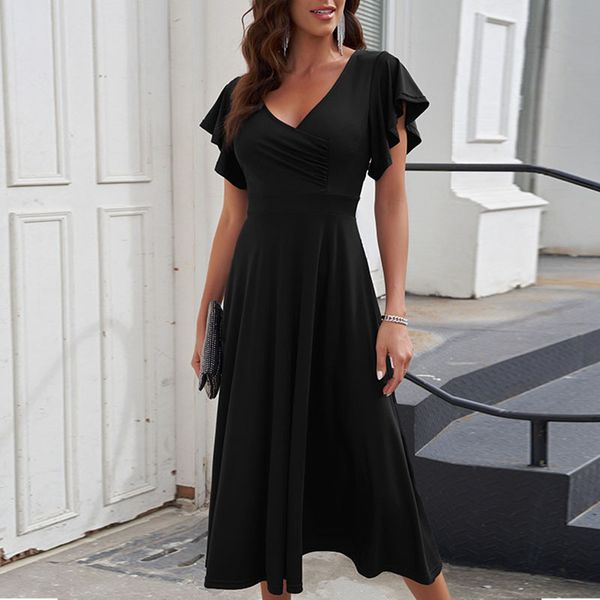 

dresses women lady elegant ruffled sleeve wrap v neck midi dress, White