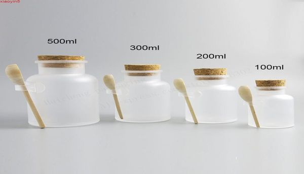 

100 x empty 100g 200g 300g 500g abs plastic bath salt bottle 200ml powder plastic bottle with cork jar wood spoongood product2386536