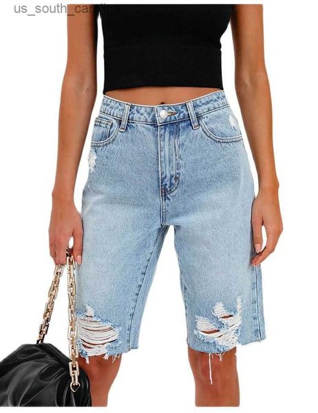 

2023 summer new mid waist ripped denim shorts for women fashion high stretch knee length straight jeans shorts s-2xl drop ship l230522, White;black