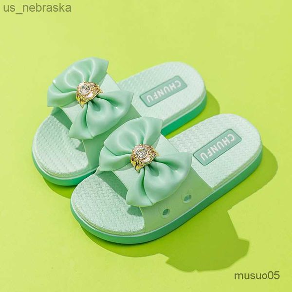 

sandals summer bowknot rhinestone girls slippers pvc nonslip children beach shoes baby home sandals kids flip flops l230518, Black;red